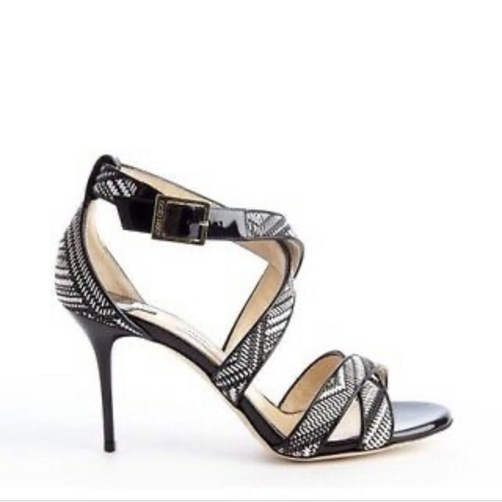 Jimmy Choo Woven Fabric/PatentBlack/White Strappy Heels.